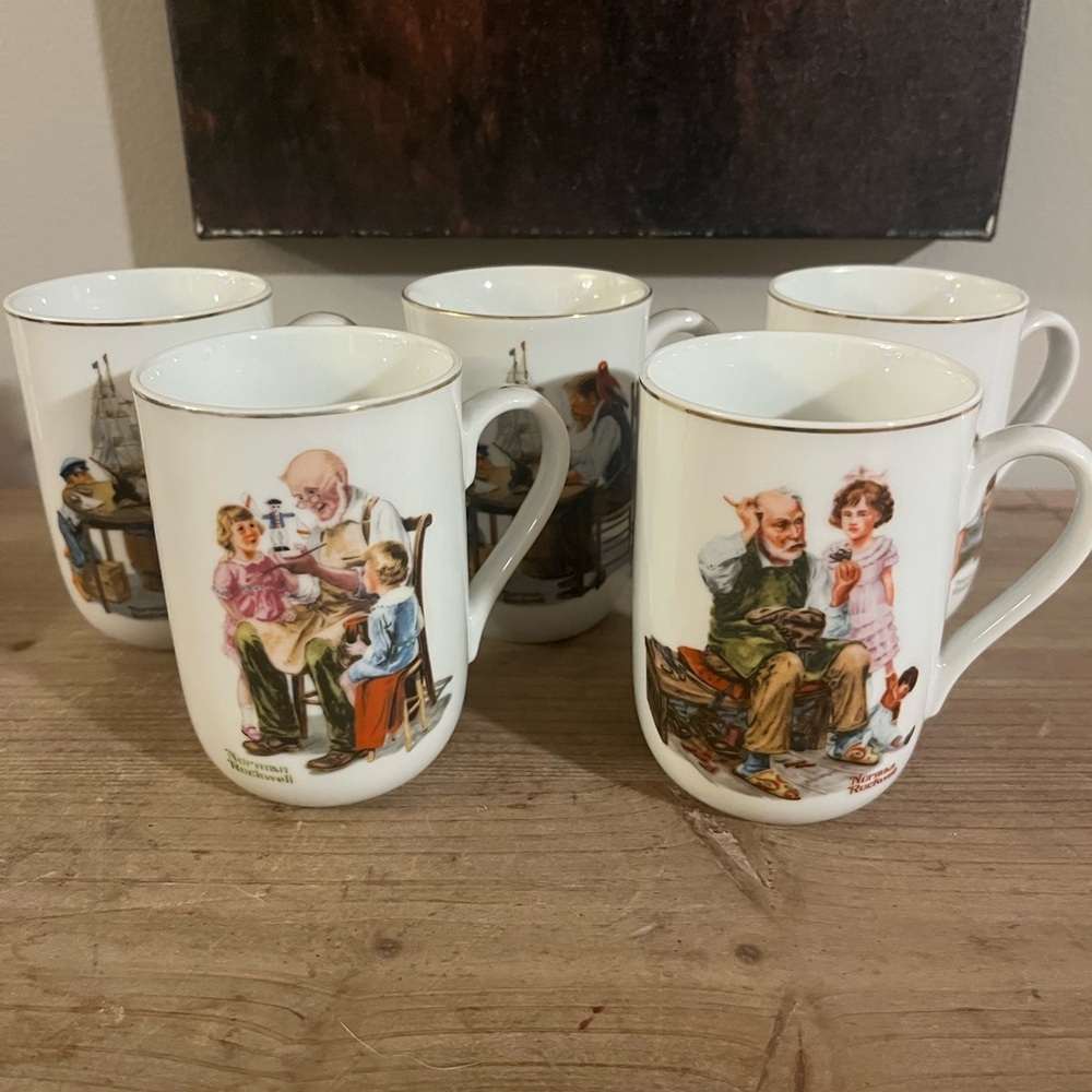 Norman Rockwell White Ceramic Mugs with Nostalgic Illustrations